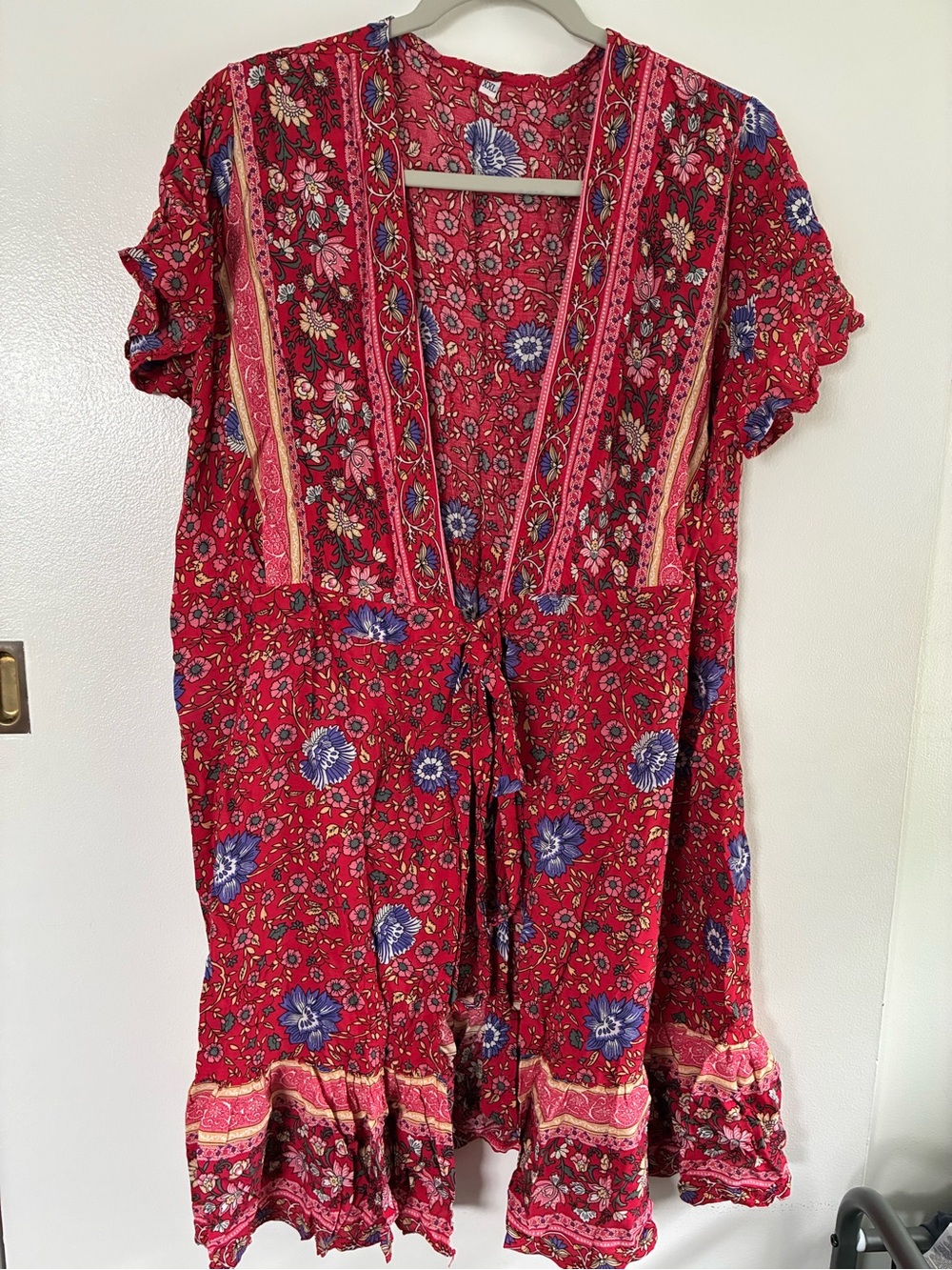 Women’s Red Floral Tie-Front Boho Top